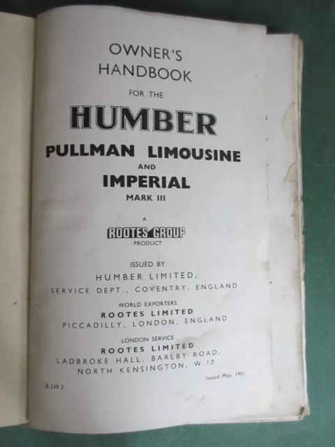 Vintage Humber Pullman & Imperial Owners Handbook MKIII & maintenance chart RARE