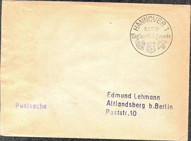 DR Brief HANNOVER - Altlandsberg - 8.1.1939 - SoSt "Tag der Briefmarke"