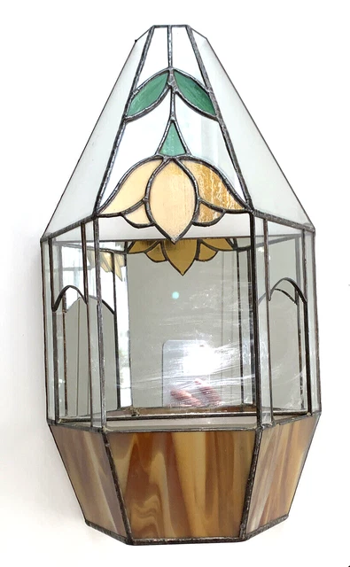 Vintage 15” Stained Glass Terrarium Plant Holder Wall Hanging Tulip Mirror Lead
