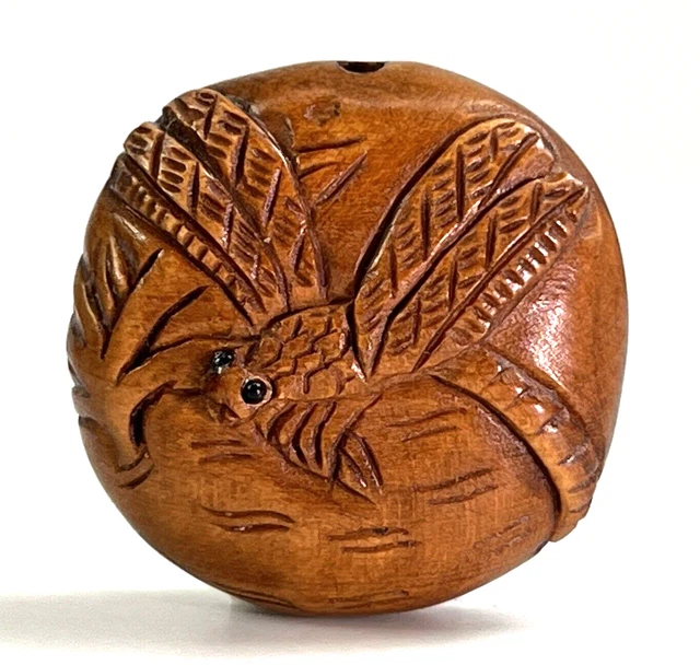 Japanese Netsuke Dragonfly On Pond Hand Carved Boxwood 1” Signed 石川 Ishikawa