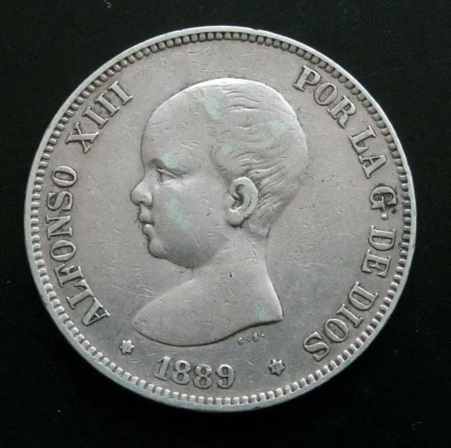Alfonso XIII, 5 Pesetas Of 1889 Star 89, Sterling Silver