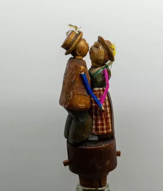 Vintage Rare Black Forest Mechanical   Kissing Couple Wooden Bottle Stopper #