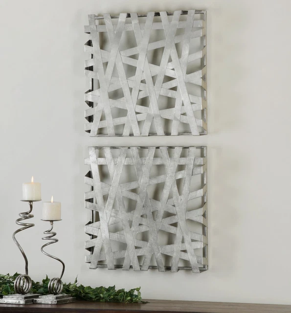 Pair Modern Alita Industrial 21" Silver Leaf Forged Metal Bands Wall Art