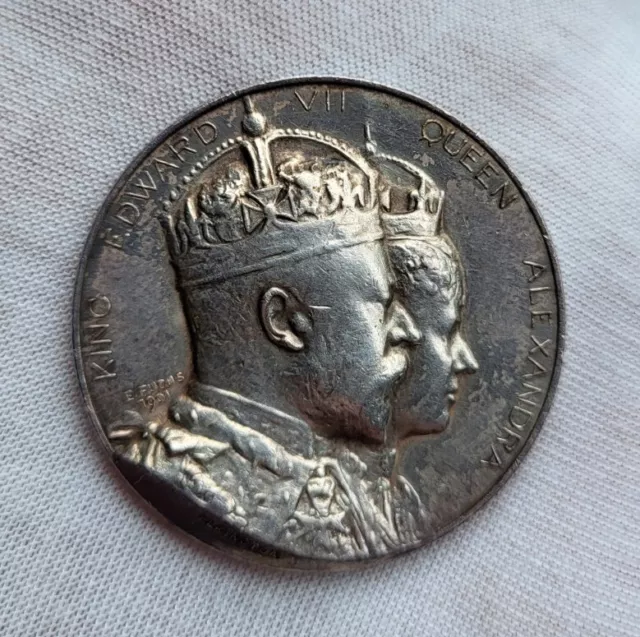 1902 Edward VII Queen Alexandra Silver Coronation Medal 32.6g By E. Fuchs