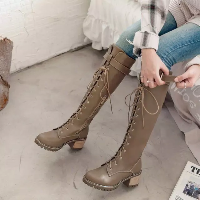 WOMENS LACE UP Buckle Knee High Boots Block Low Heels Combat Military ...