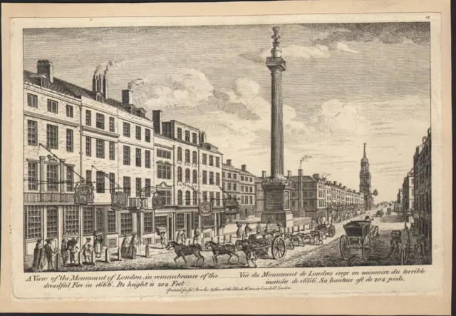 1755 Engraving View of the Great Fire of London Monument Cornhill London