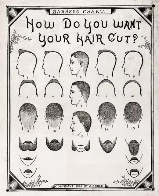 1890 Barber Poster "How Do You Want Your Hair Cut" Styling Chart Barbershop