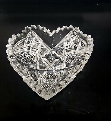 Antique 5.5" American Brilliant ABP Cut Crystal Glass Heart Shaped Bowl Dish