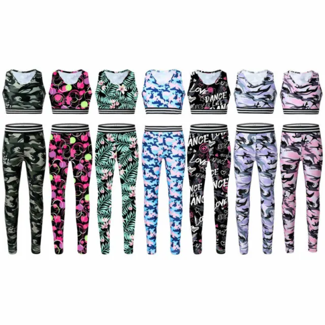 Kids Girls Tracksuit Outfit Camouflage Printed Crop Top+Pants Sport Workout Wear