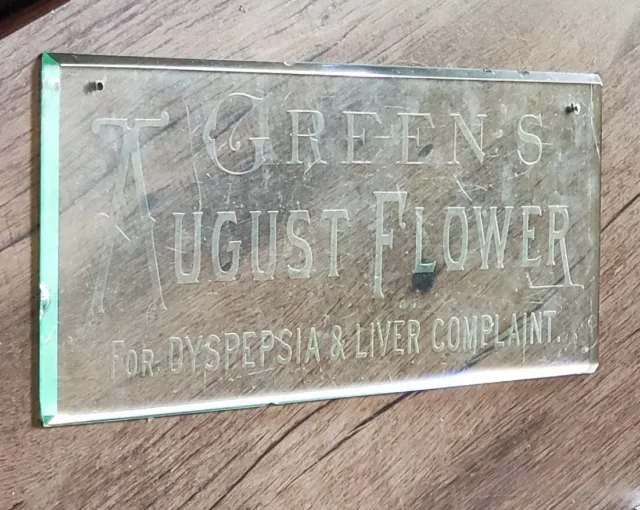 Antique Green's August Flower Pharmacy advertising Etched Glass Sign Victorian