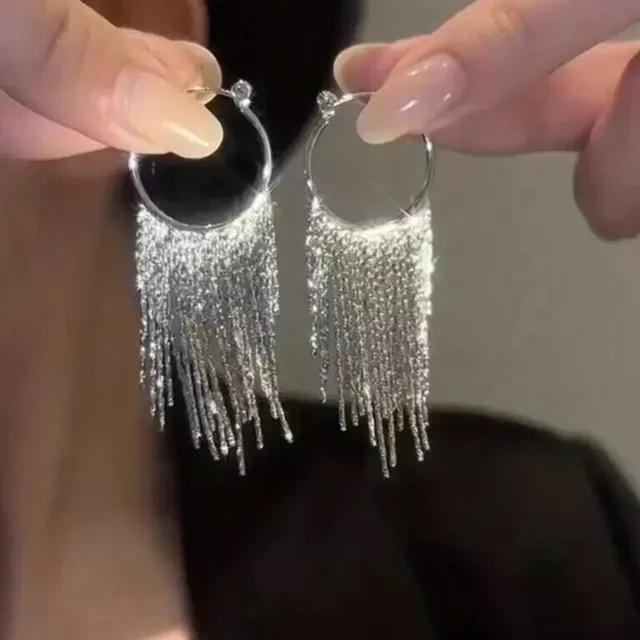 Women Long Tassel Crystal Trendy Fashion Crystal Dangle Drop Tassel Earrings
