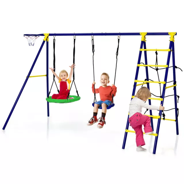 5-In-1 Outdoor Kids Swing Set Backyard Swing Playset W/2 Swings&Climbing Ladder