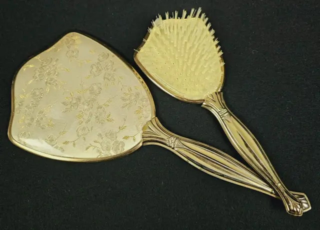 Vintage Vanity Dresser Set Gold Filigree Hair Brush Hand Mirror 1940s 50s