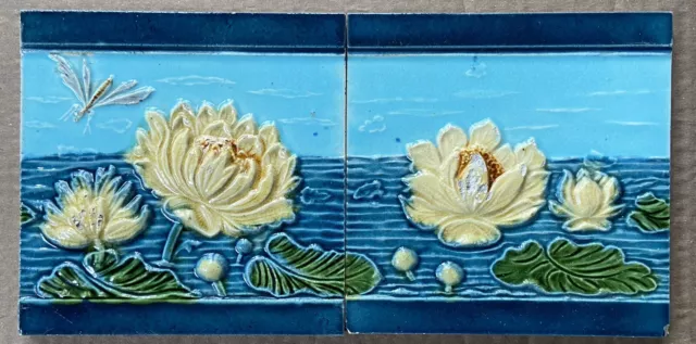 European Antique Art Nouveau Majolica 2 Set Tile C1900