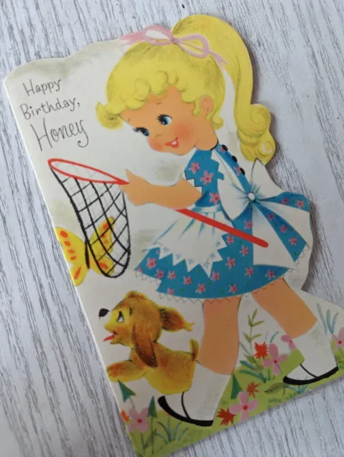Vintage 1960's Happy Birthday Girl Puppy Butterfly Greeting Card (EB3637)
