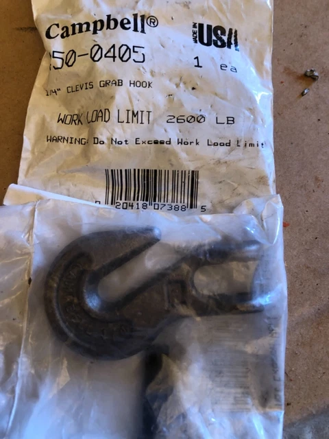 New Campbell 450-0405  1/4" Clevis Grab Hook USA - Load Limit 2600 LB