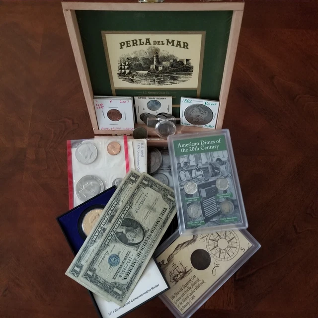 Estate Lot Sale ~ Old Coins, Morgan Silver Dollar, Currency, Wooden Cigar Box!!!