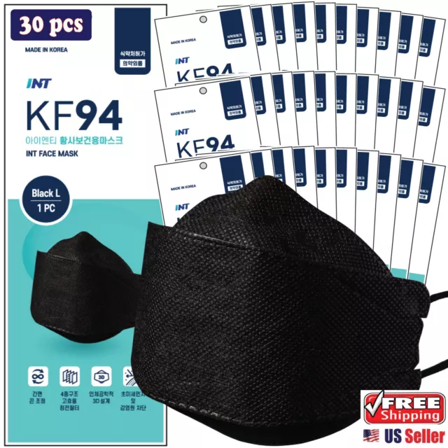 【 30 Pack 】INT KF94 Certified BLACK Face Mask,4 Layered,3D Ergonomic Design Mask