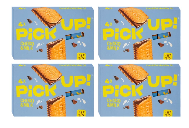 4X Pick Up Choco&Milk Snack Doppio Biscotto con Tavoletta e Crema al Latte 112g