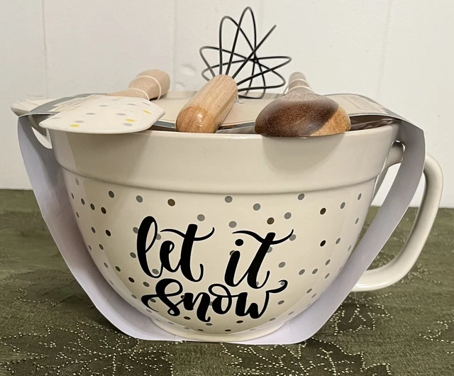 Jarra mezcladora de 3 quilates ""Let It Snow"" The Bake Shop con utensilios de hornear tazón de Navidad nuevo