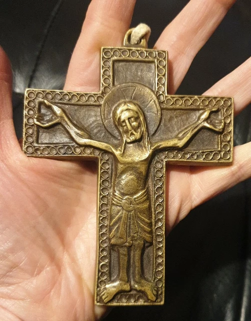 Crucifix Ancien En Bronze Signé Elie Pellegrin - Style Primitif Art Déco, France