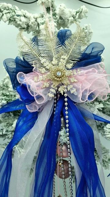 Blue Pink Gold Christmas Tree Topper Bow Large Handmade Luxury Bow 40"x12"