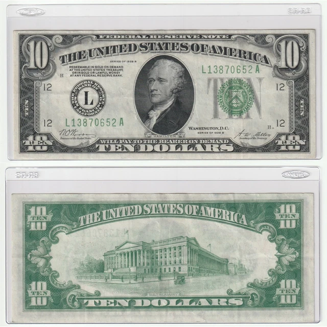 Rare 1928 $10 Ten Dollar Federal Reserve Note Gold Clause Green Seal Bill