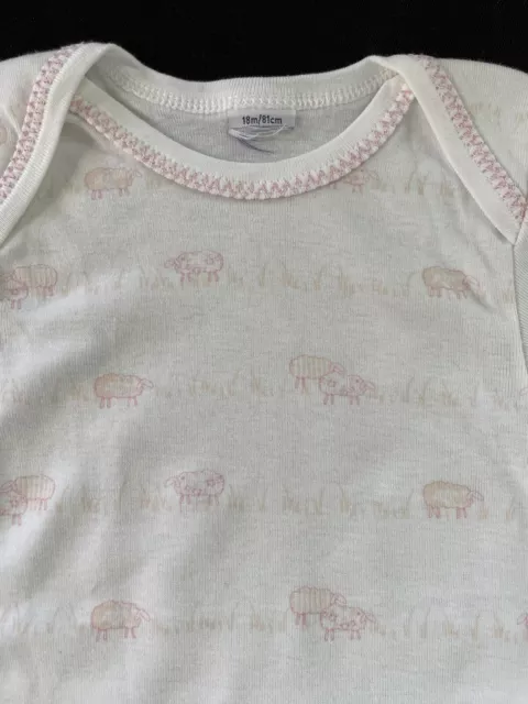 Petit Bateau NWOT White/Pink Lambs 100% Cotton Knit Sh Sl Bodyshirt-18Mos