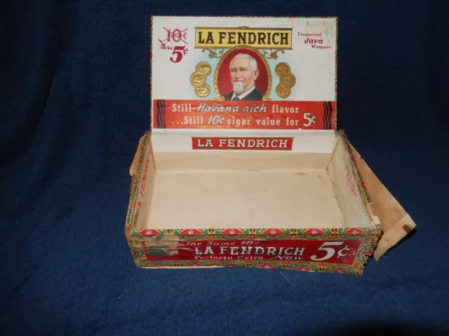 Rare ANTIQUE LA FENDRICH Perfecto Extra CIGAR BOX transition from 10 to 5 cents