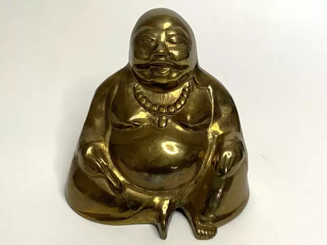 Vintage Brass Tone Metal Sitting Happy Laughing Buddha 4" Figure