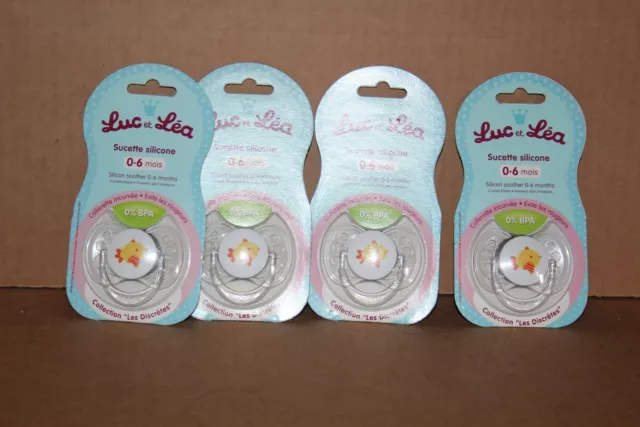 LUC ET LEA  Lot de 4  sucettes bébé Silicone 0 - 6 mois  Incurvée Motif Oiseau