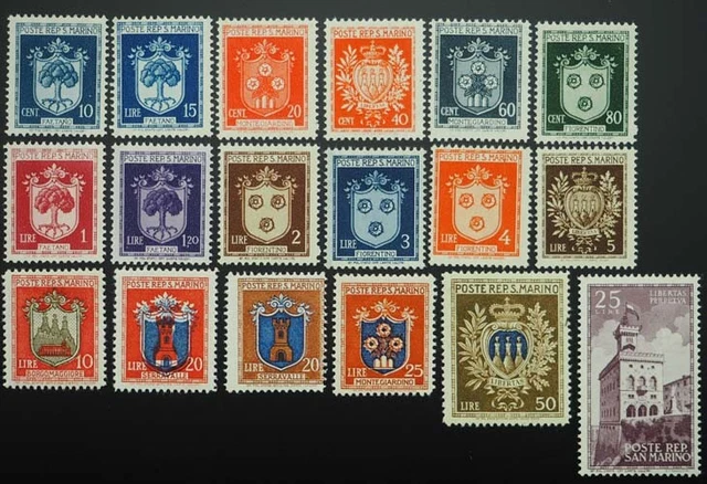 1945 San Marino; 4 mal Serie Wappen, postfrisch/MNH, MiNr. 318/34, ME 400,- 2