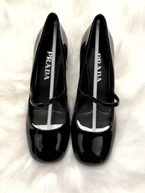 PRADA Black Patent Leather Mary Jane Slingback 2 Inch Pumps 36.5