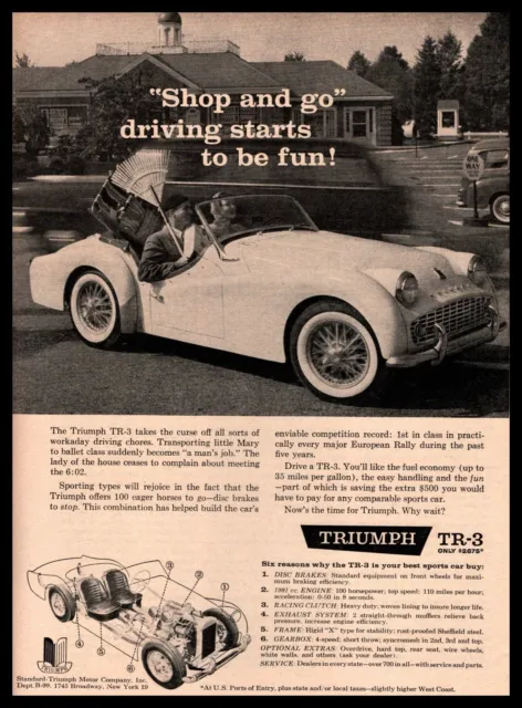 1959 Triumph TR-3 Convertible Roadster 35 MPG "Shop And Go Driving" Print Ad