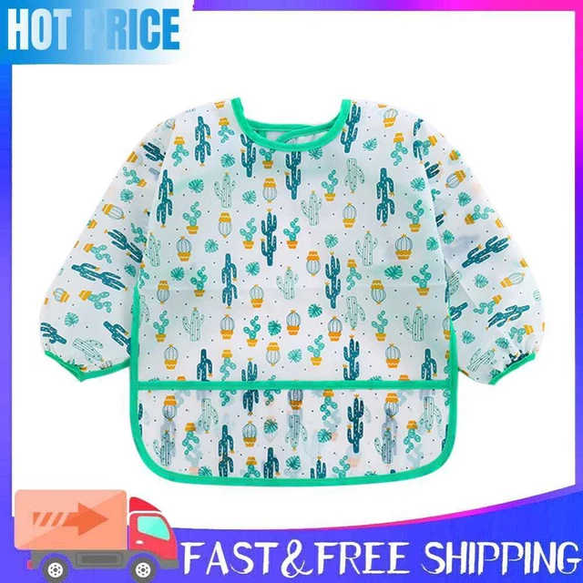 Baby Feeding Bibs Kids Waterproof Long Sleeve Coverall (0-3Years Cactus)