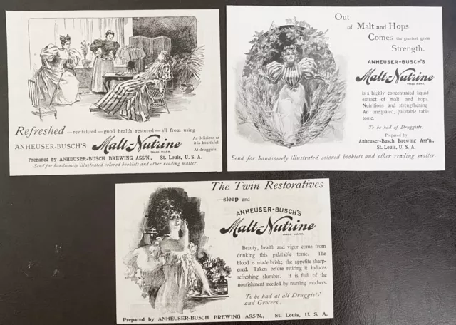 1895 MALT-NUTRINE Vtg Print Ads~Anheuser-Busch Brewing Pre-Pro Beer Quack Health
