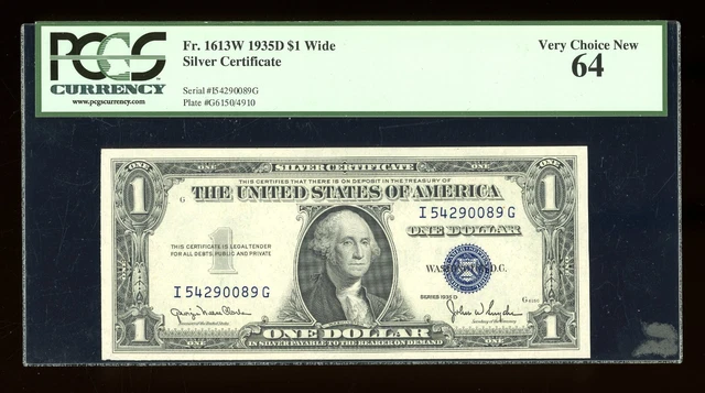 DBR 1935-D $1 Silver Fr. 1613W Wide IG Block PCGS 64 Serial I54290089G