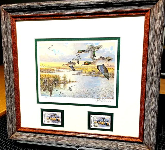 Herb Booth 1986 Texas Waterfowl Duck Stamp Print With Double Stamps - New Frame