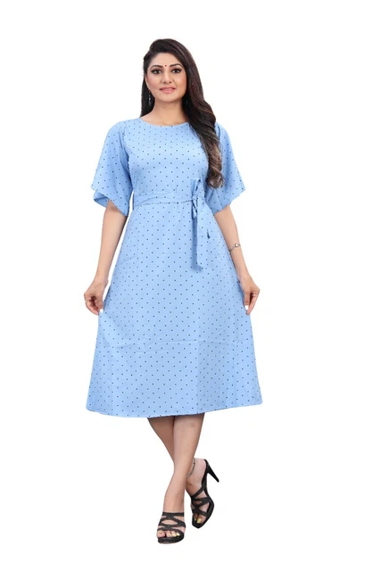 Women Western Dresses Poly Rayon One Piece Party Festive Causal Wear Light Blue