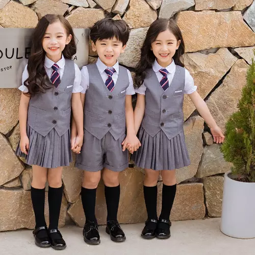 Children School Uniform Boys Girls Pleated Skirt Vest Top Kids Performance Set