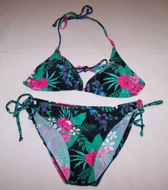 Girl Xpress Ladies Black Floral Print 2 Piece Bikini Bathers Swimsuit Size 8 New