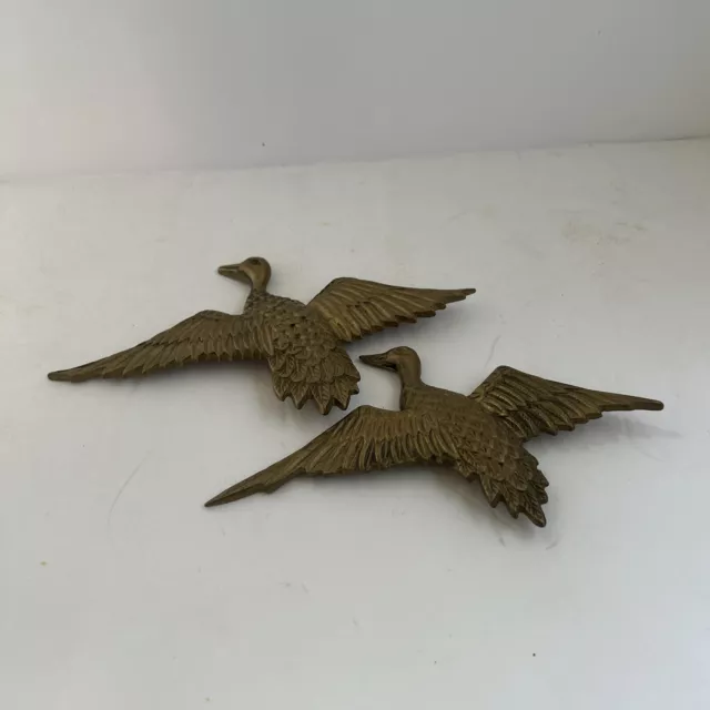 Set of 2 Brass Wall Hanging Flying Mallard Ducks 7 3/4” And 7” Wing Span