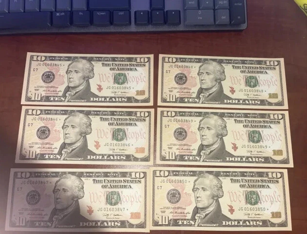SIX 2009 $10 CONSECUTIVE STAR NOTES SN# JG 01603845* to  50*
