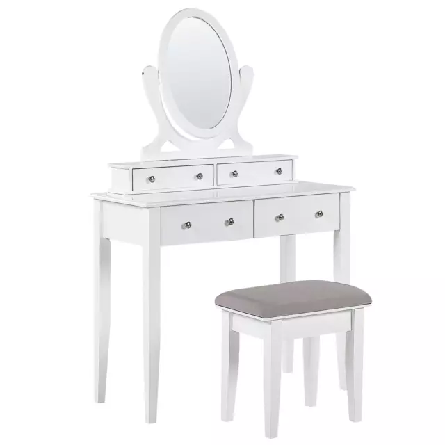 Table de Maquillage Coiffeuse Blanche avec 4 Tiroirs Miroir Oval et Tabouret Gr