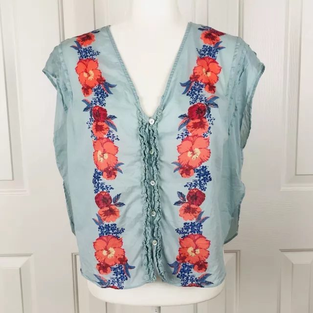 FREE PEOPLE Gardenia Print Floral Button Down Top Blue XS Lace Ruffle Cotton