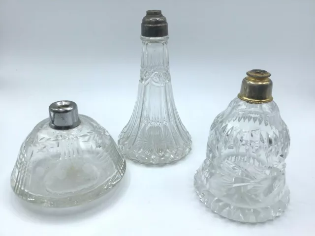 Lot of  3 Antique Cut Clear Glass Perfume Scent Bottles w/Collar (Silver?)