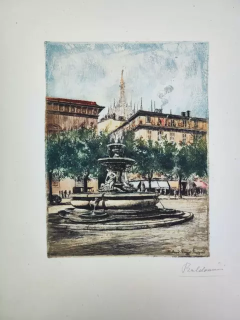 BALDASSINI GUGLIELMO (1885 - 1945) Acquaforte Acquatinta Piazza Fontana Milano