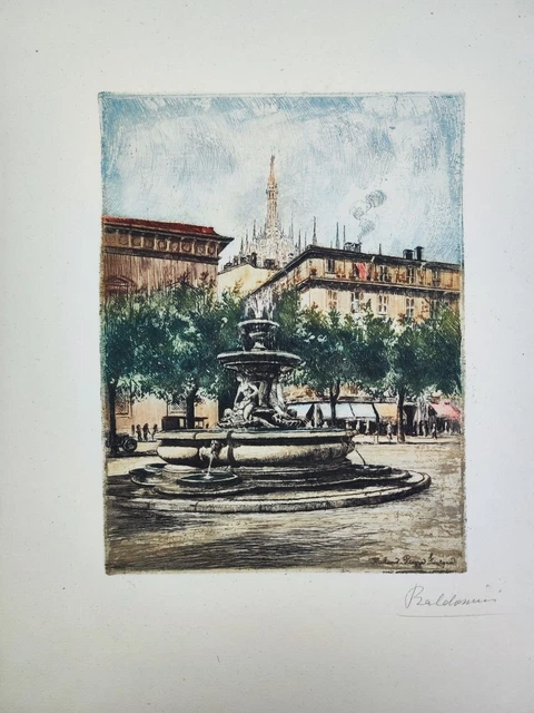 BALDASSINI GUGLIELMO (1885 - 1945) Acquaforte Acquatinta Piazza Fontana Milano