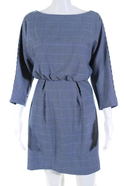 Trina Turk Womens Back Zip 3/4 Sleeve Houndstooth Amar Dress Blue White Size 2