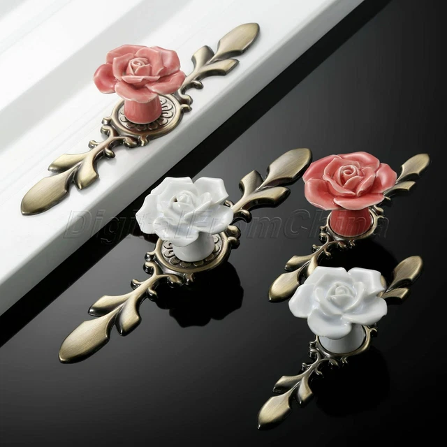 Ceramic Rose Modern European Furniture Drawer Cabinet Door Knobs Pull Handles